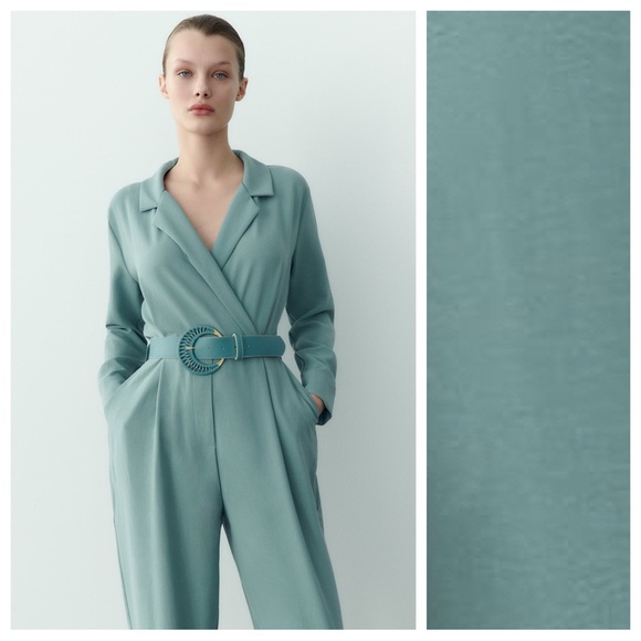 NWT. Zara Blue/Green Long Belted Jumpsuit. Size S. - Picture 2 of 11